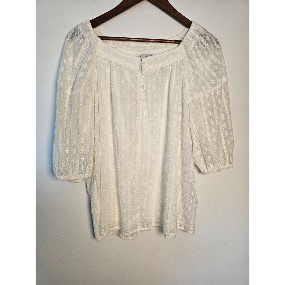 Cottagecore Current Air Embroidered Blouse Women Large Ivory Puff Sleeve Boho